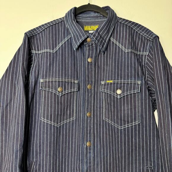 IRON HEART Stripe Denim Western Snap Button Shirt Indigo CPO Workwear Size XL - Picture 2 of 11